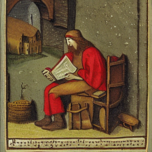 ein mittelalterlicher Wanderer sitzt auf einer Bank und liest eine Zeitung