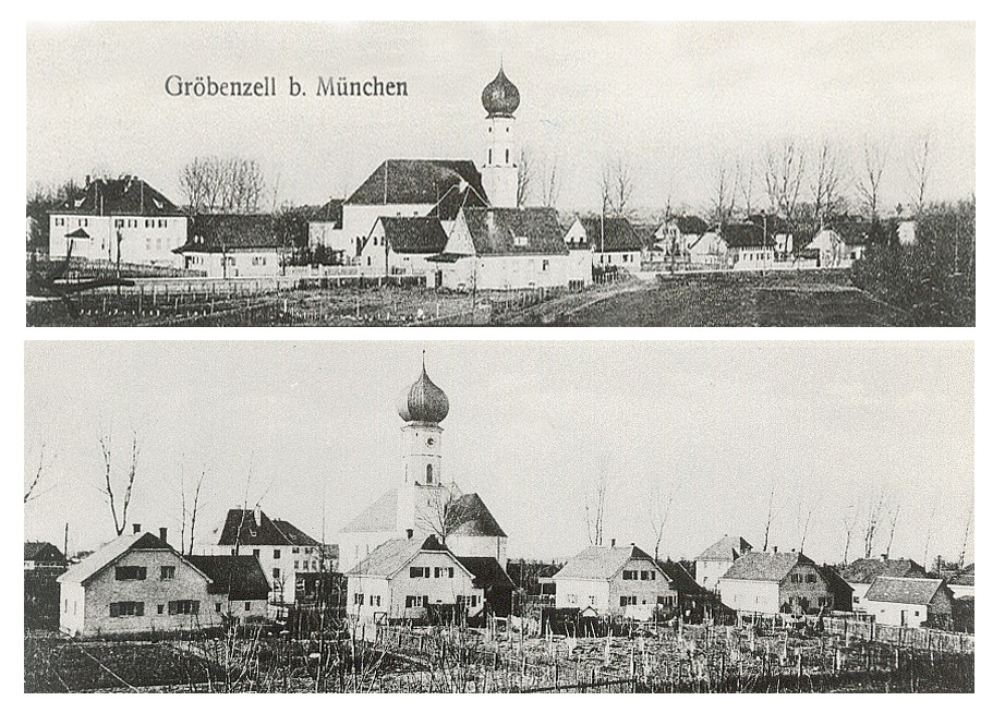 Motive von Gröbenzell, ca. 1925:
oben: im Vordergrund die Augsburger Straße, dahinter (von links) die Schule, die Kirche und etwas verdeckt das Pfarrhaus,
unten: Kirche mit der Rückseite Häuser an der Kirchenstraße.