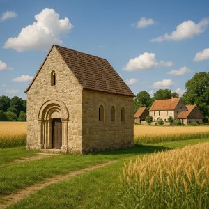 Kleine romanische Kirche vor einem Bauernhof