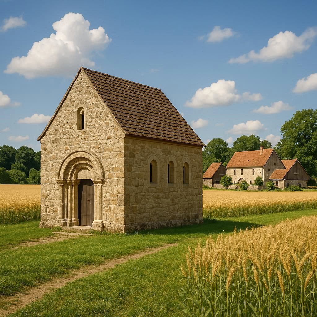 Kleine romanische Kirche vor einem Bauernhof