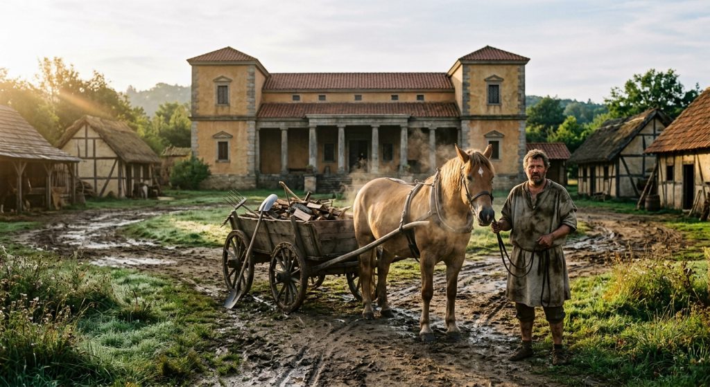 Ein römischer Bauer hält ein Pferd. Ein Karren. Eine Villa Rustica.